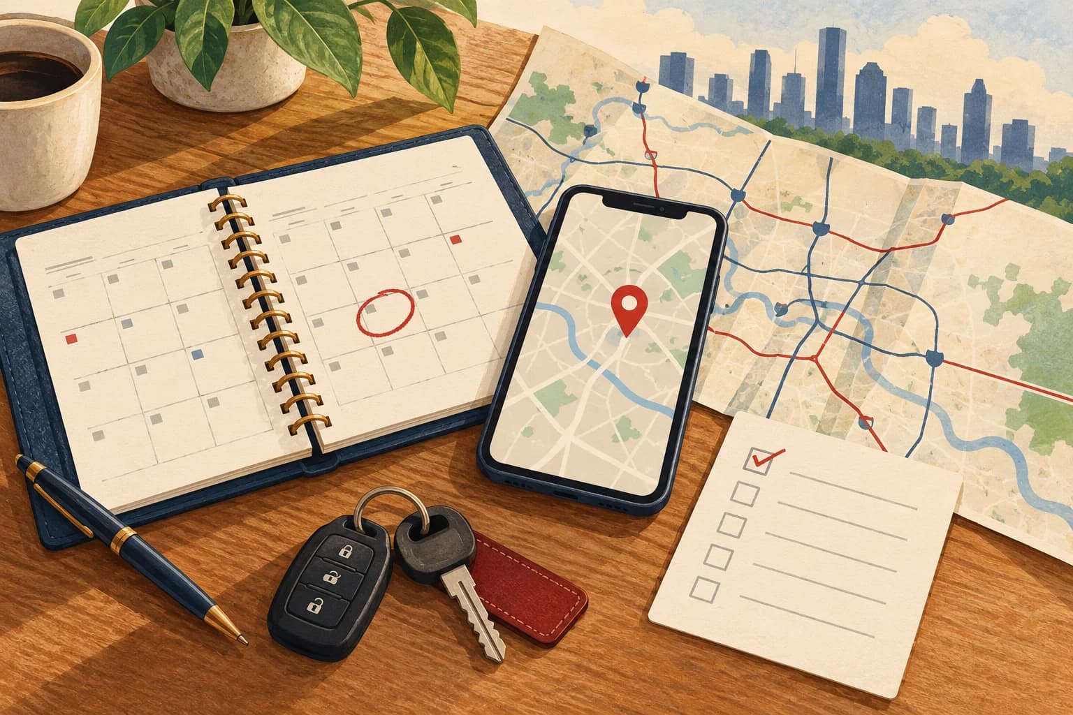 Illustration of a calendar, map, phone, checklist and car keys for planning a Houston clinic visit